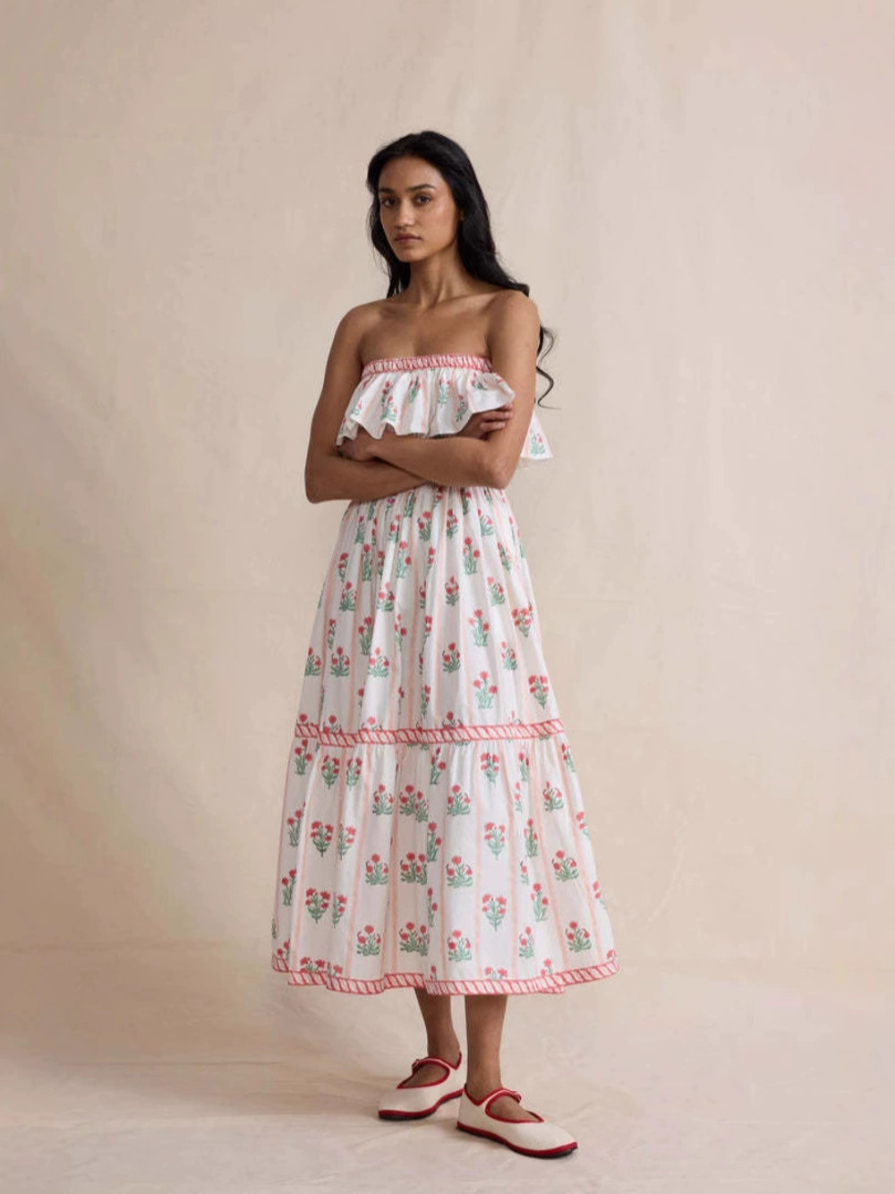 Zara Spring Summer Off Shoulder Red Floral Print Flared Maxi Dress